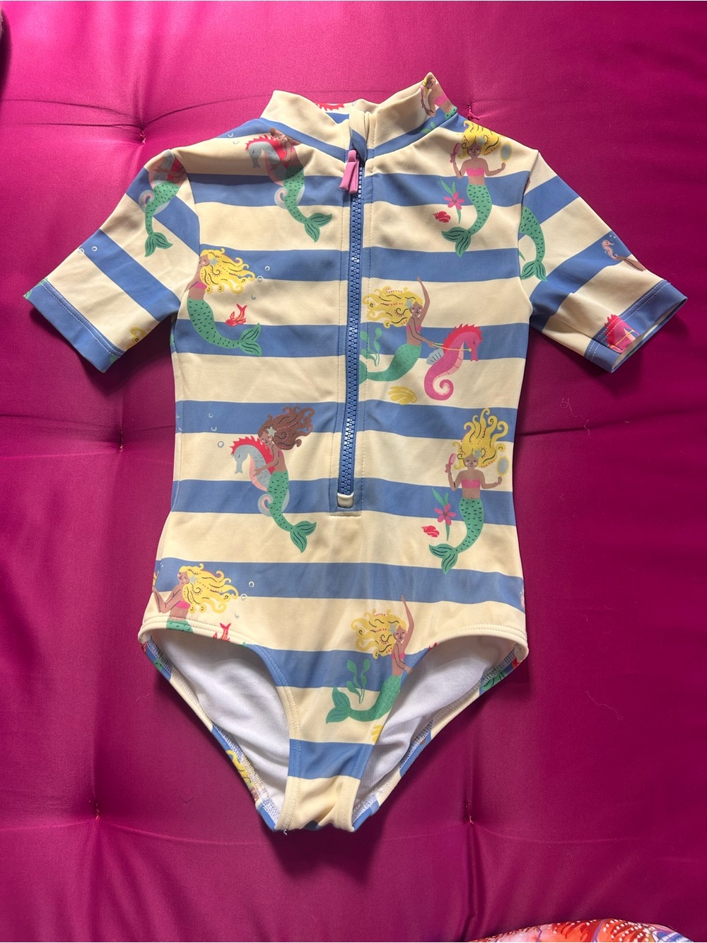 Mini Boden Girls Stripe Mermaid One-Piece Swimsuit in Blue, Cream, Green, Pink